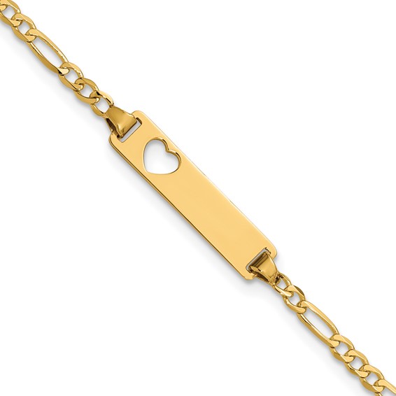14k Polished Solid Chain/Solid Plate Figaro Link Cut-out Heart 20x5mm Plate 7 inch ID Bracelet