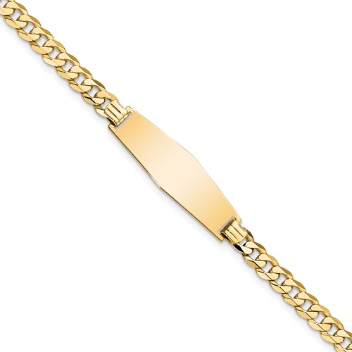 14K Yellow Gold Polished Solid Chain Solid Plate Flat Curb Link Soft Diamond Shape 28x 9.3mm Plate ID Bracelet, 7"