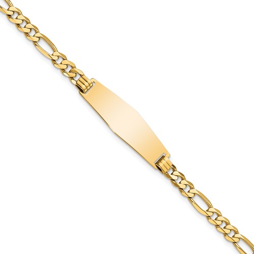 14K Yellow Gold Polished Solid Chain Solid Plate Flat Figaro Link Soft Diamond Shape 28x 9.5mm Plate ID Bracelet, 7"