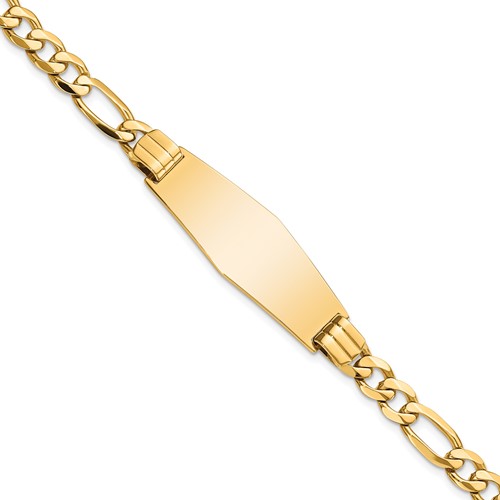 14K Yellow Gold Polished Solid Chain Solid Plate Flat Figaro Link Soft Diamond Shape 37x 13.5mm Plate ID Bracelet, 7"