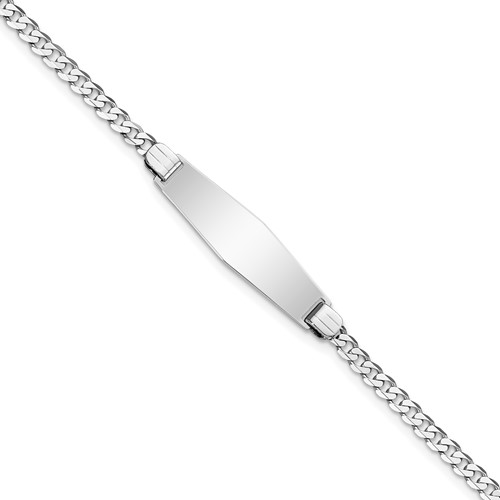 14K White Gold Polished Solid Chain Solid Plate Flat Curb Link Soft Diamond Shape 24.5x 7.5mm Plate ID Bracelet, 7"