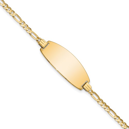 14K Yellow Gold Polished Solid Chain Solid Plate Figaro Link Oval 24x 10.5mm Plate ID Bracelet, 7"