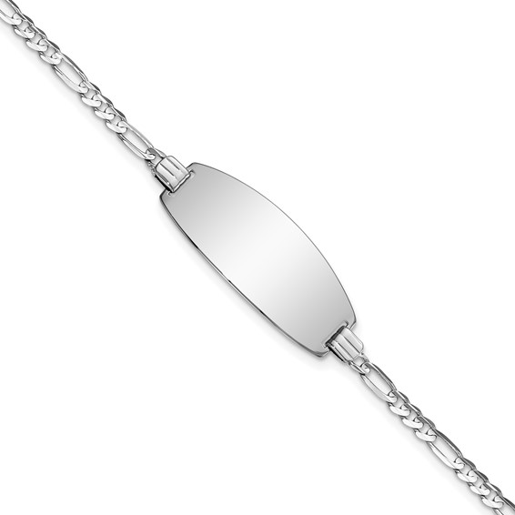 14k White Gold Polished Solid Chain/Solid Plate Figaro Link Oval 24x10.5mm Plate 7 inch ID Bracelet