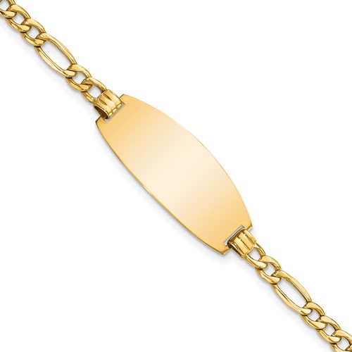 14K Yellow Gold Polished Semi-Solid Chain Solid Plate Figaro Link Oval 26.5x 11.5mm Plate ID Bracelet, 8"