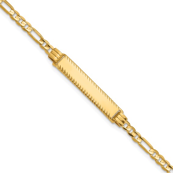 14k Polished Solid Chain/Solid Plate 3.0mm Figaro Link Diamond-cut 27x5.5mm Plate 7 inch ID Bracelet