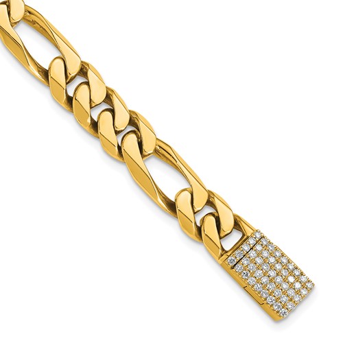 14K Yellow Gold 0.88 Carat Lab Grown Diamond VS+ F+ Complete 8mm Hand-Polished Figaro Link Bracelet, 8"