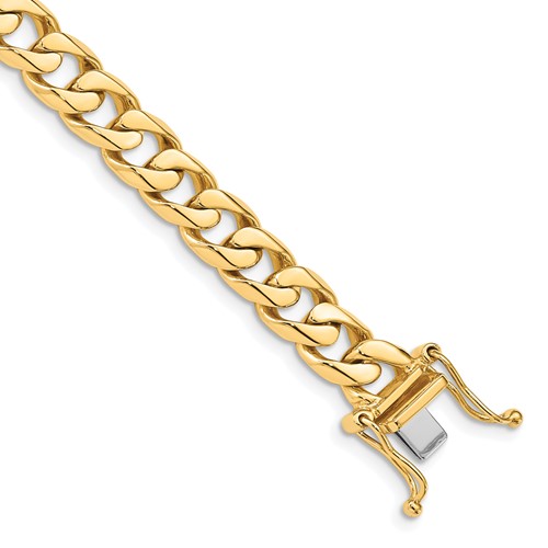 14K 7.5mm Yellow Gold Hand Polished Flat Beveled Curb Link Bracelet with Box Catch Clasp, 8"