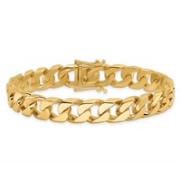 14K 10.6mm Yellow Gold Hand Polished Flat Beveled Curb Link Bracelet with Box Catch Clasp, 8" view 3