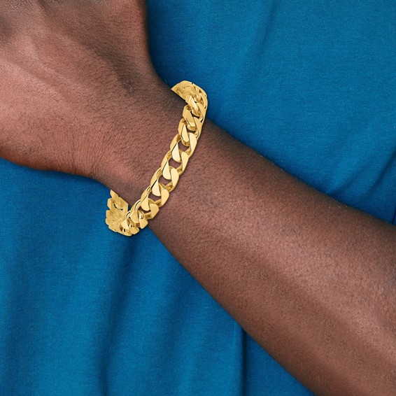 14K 10.6mm Hand Polished Flat Beveled Curb Link with Box Catch Clasp Chain (per inch)