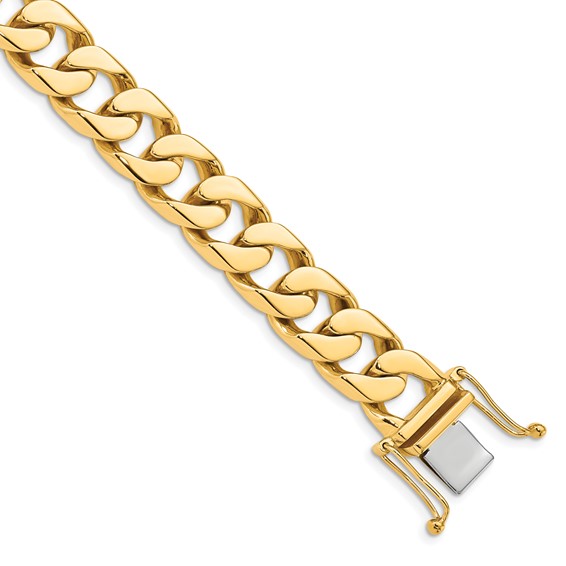 14K 12mm Hand Polished Flat Beveled Curb Link with Box Catch Clasp Chain (per inch)