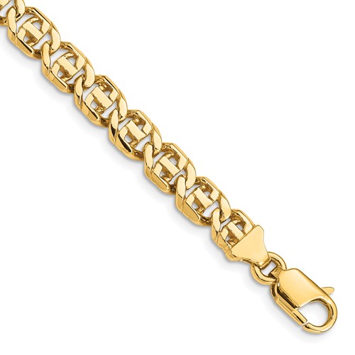 14K 6.75mm Yellow Gold Hand Polished Fancy Link Bracelet with Lobster Clasp, 7"
