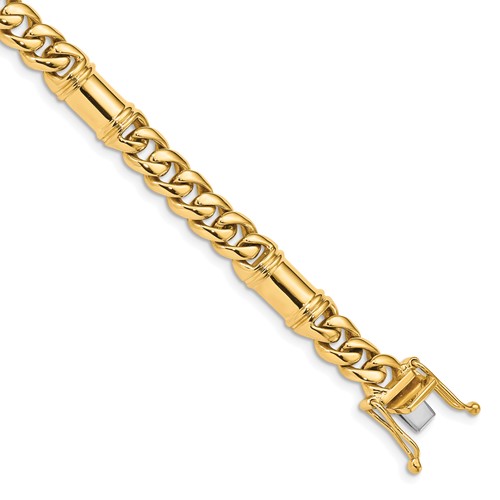 14K 7.5mm Yellow Gold Hand Polished Fancy Link Bracelet with Box Catch Clasp, 8"