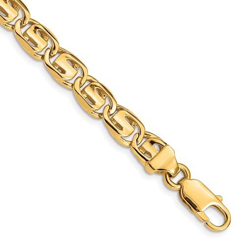 14K 7.5mm Yellow Gold Hand Polished Fancy Link Bracelet with Lobster Clasp, 8"