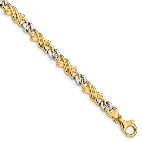 14K Two-tone 6mm Hand Hand Polished Fancy Link Bracelet with Fancy Lobster Clasp, 7"