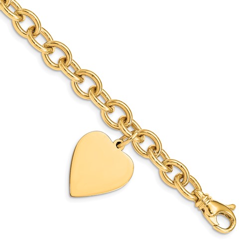 14k Engravable 25x19mm Solid Dangle Heart Charm and Solid Polished Link 7.5 inch Bracelet