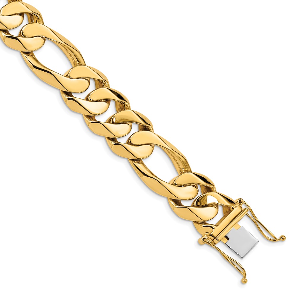 14K 15.7mm Yellow Gold Heavy Hand Polished Figaro Link Bracelet with Box Catch, 8.25"