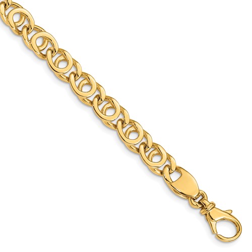 14K 7mm Yellow Gold Hand Polished Fancy Link Bracelet with Fancy Lobster Clasp, 7"