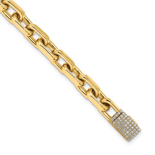 14k Hand-polished 7mm Fancy Cable Link 1.8 carat Diamond Clasp 8.5 inch Bracelet