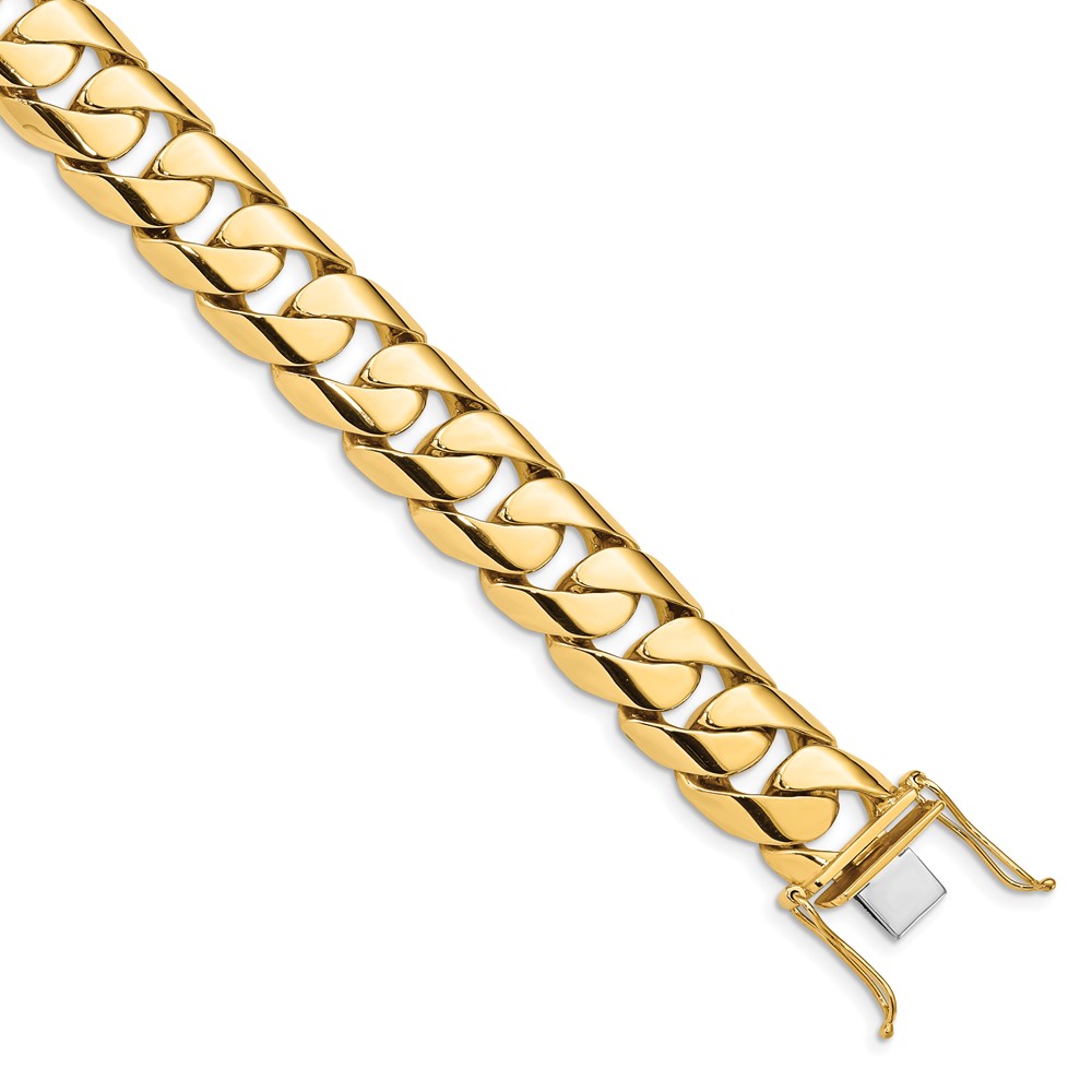 14K 15.4mm Yellow Gold Hand Polished Rounded Curb Link Bracelet with Box Catch Clasp, 9"