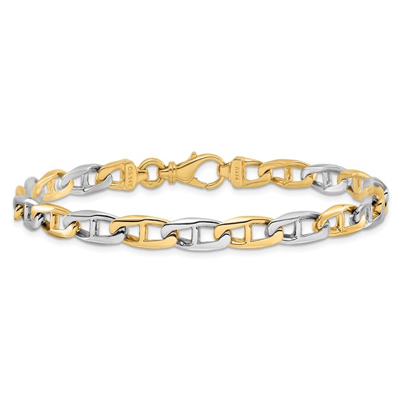 14K Two-tone 6.6mm Hand Polished Fancy Flat Anchor Link with Fancy Lobster Clasp Chain (per inch)