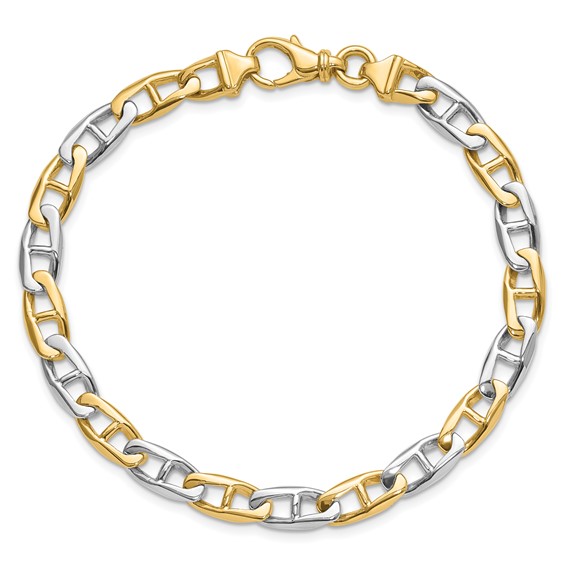 14K Two-tone 6.6mm Hand Polished Fancy Flat Anchor Link with Fancy Lobster Clasp Chain (per inch)