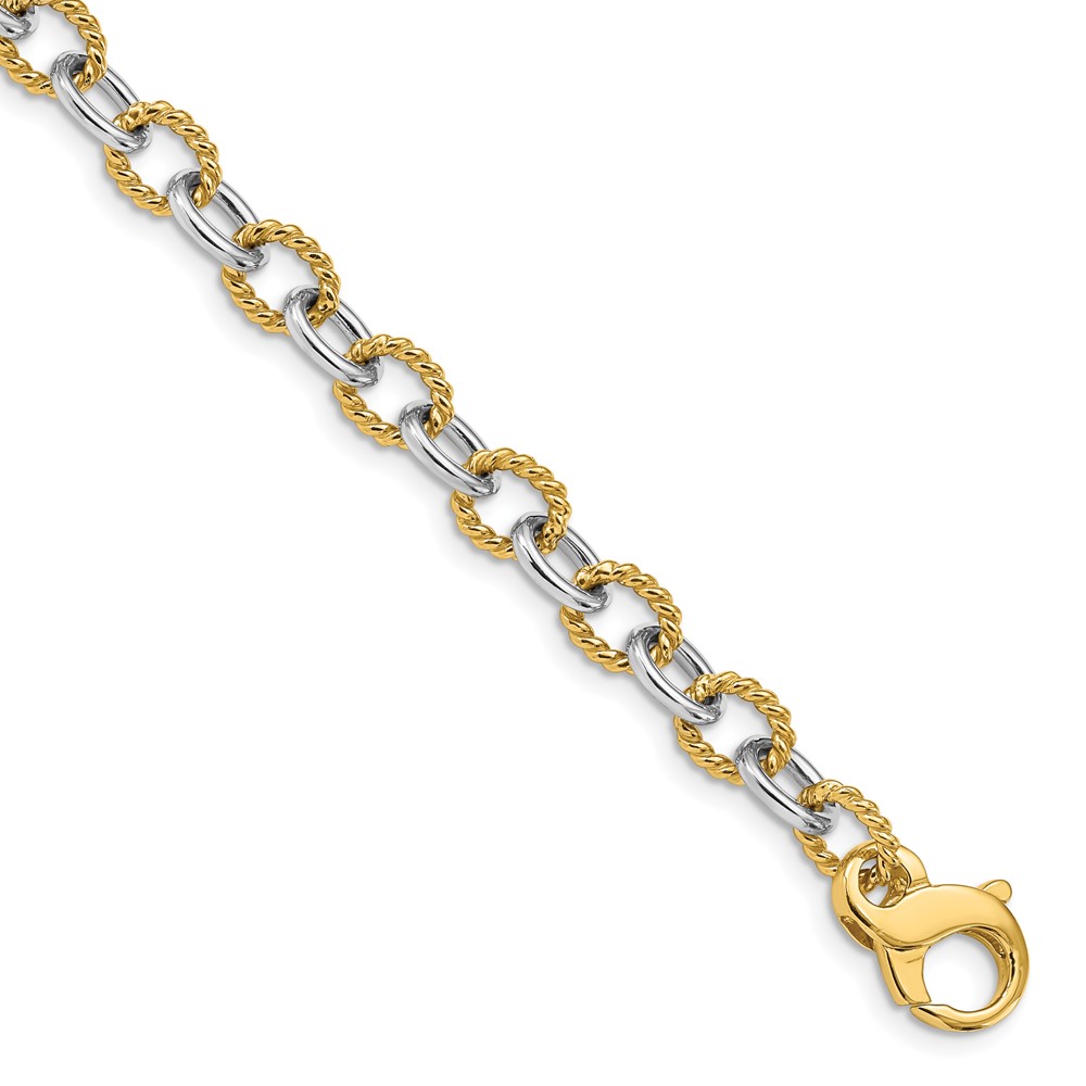14K Two-tone 6.5mm Hand Polished and Textured Fancy Link Bracelet with Fancy Lobster Clasp, 8.5"