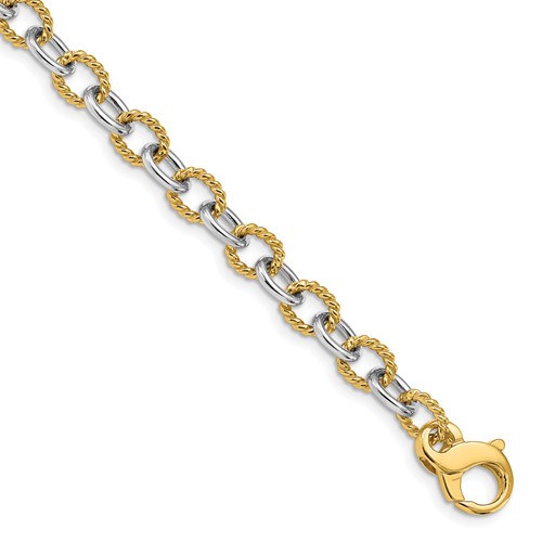 14K Two-tone 6.5mm Hand Polished and Textured Fancy Link Bracelet with Fancy Lobster Clasp, 8.5"