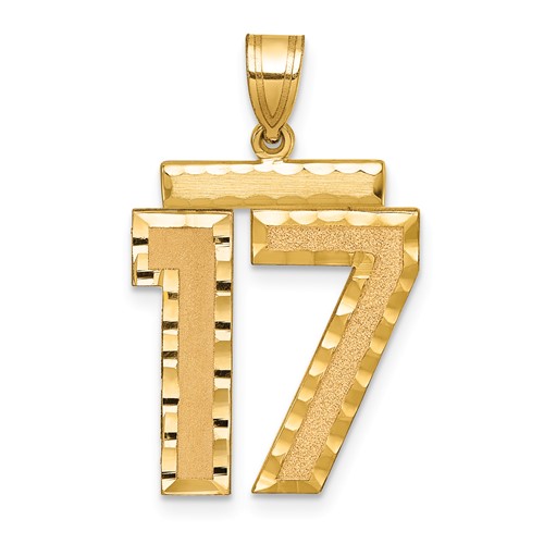 14K Yellow Gold Large Brushed Diamond-cut Number 17 Charm