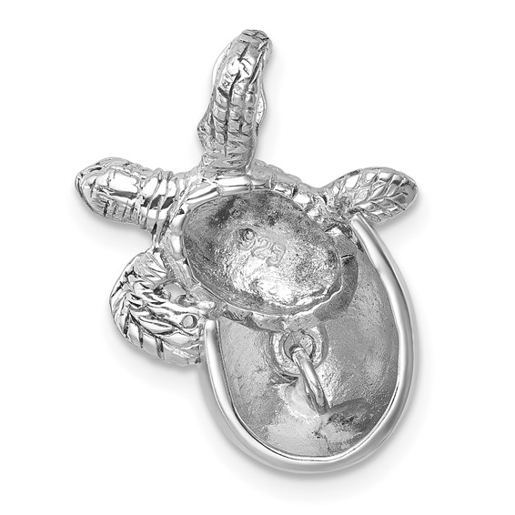 Sterling Silver Rhodium-plated Moveable Crystal Polished Hatching Turtle in Satin Egg Pendant