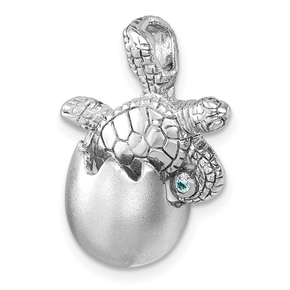 Sterling Silver Rhodium-plated Moveable Crystal Polished Hatching Turtle in Satin Egg Pendant