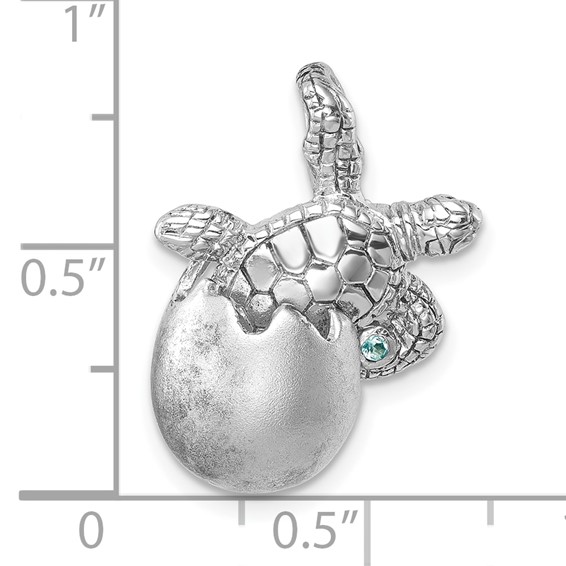 Sterling Silver Rhodium-plated Moveable Crystal Polished Hatching Turtle in Satin Egg Pendant