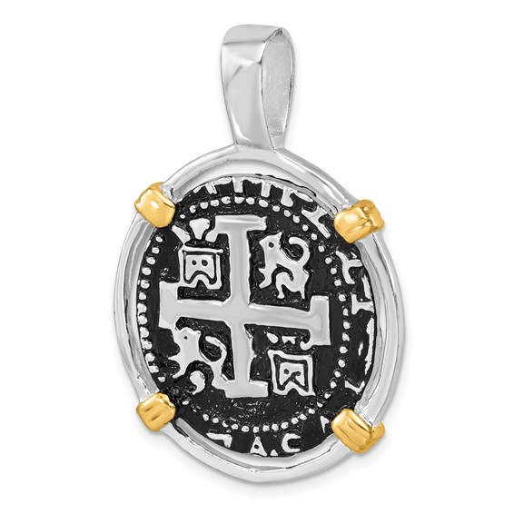 Sterling Silver Rhodium-plated Antiqued Gold-tone Ship Coin Pendant