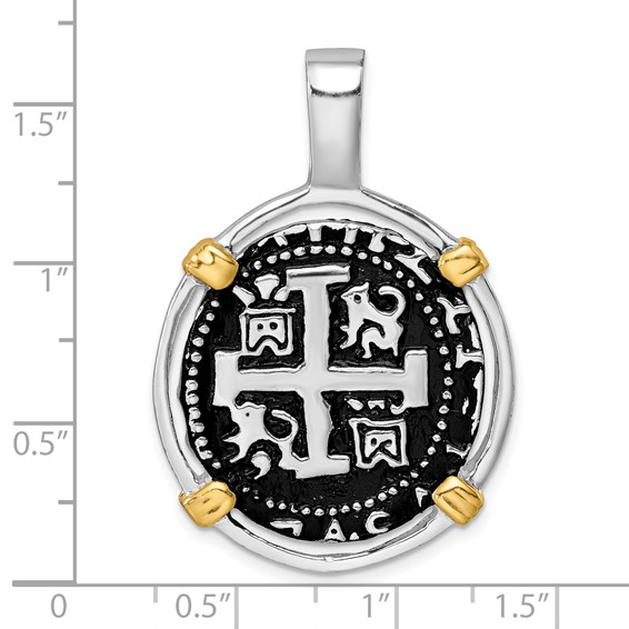 Sterling Silver Rhodium-plated Antiqued Gold-tone Ship Coin Pendant