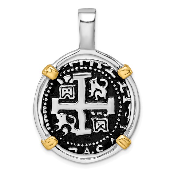 Sterling Silver Rhodium-plated Antiqued Gold-tone Ship Coin Pendant