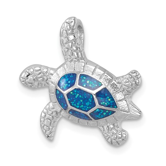 Sterling Silver Rhodium-plated Enameled Swimming Turtle Chain Slide