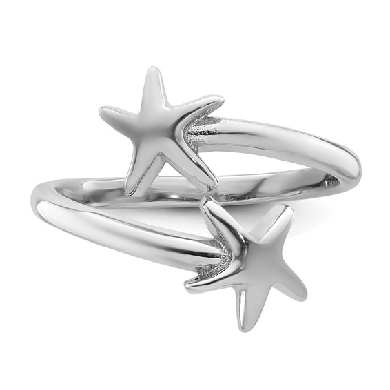 Sterling Silver Rhodium-plated Polished Starfish Double Adjustable Ring