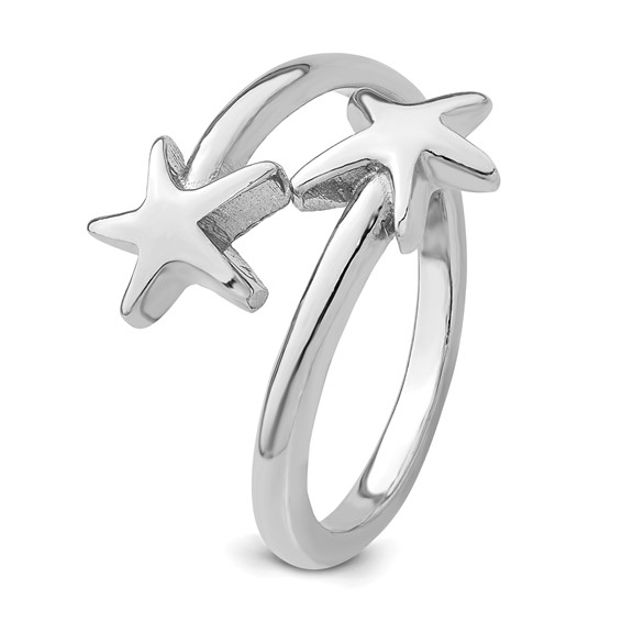 Sterling Silver Rhodium-plated Polished Starfish Double Adjustable Ring