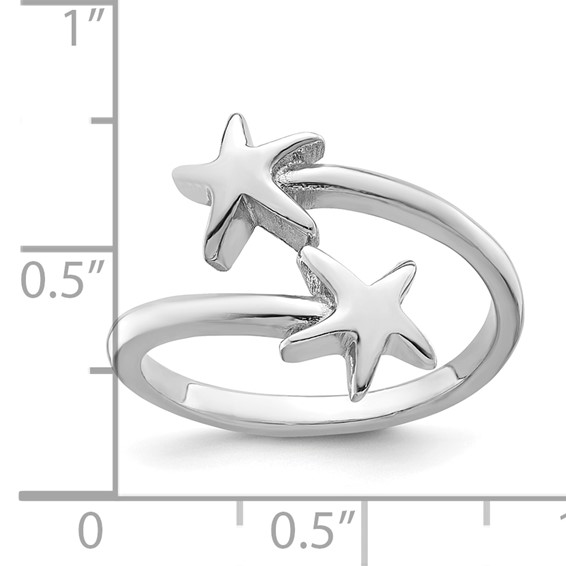 Sterling Silver Rhodium-plated Polished Starfish Double Adjustable Ring
