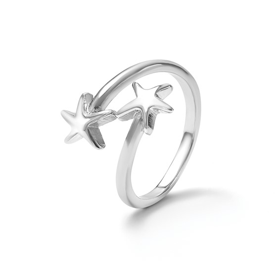 Sterling Silver Rhodium-plated Polished Starfish Double Adjustable Ring