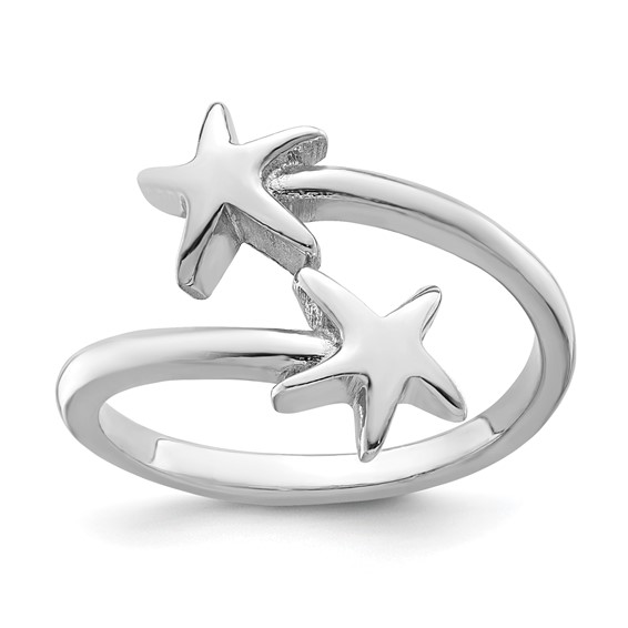 Sterling Silver Rhodium-plated Polished Starfish Double Adjustable Ring