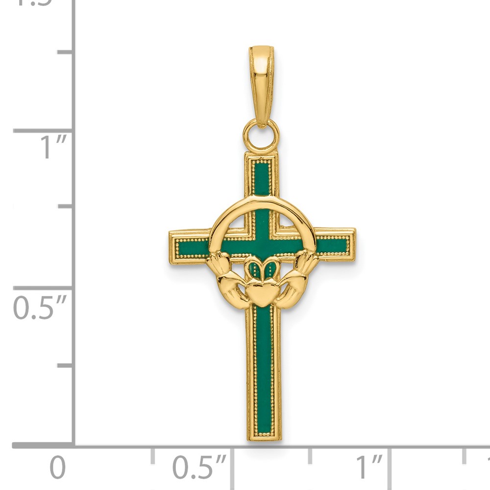14k Green Enameled Claddagh Cross Pendant (M1338EG)