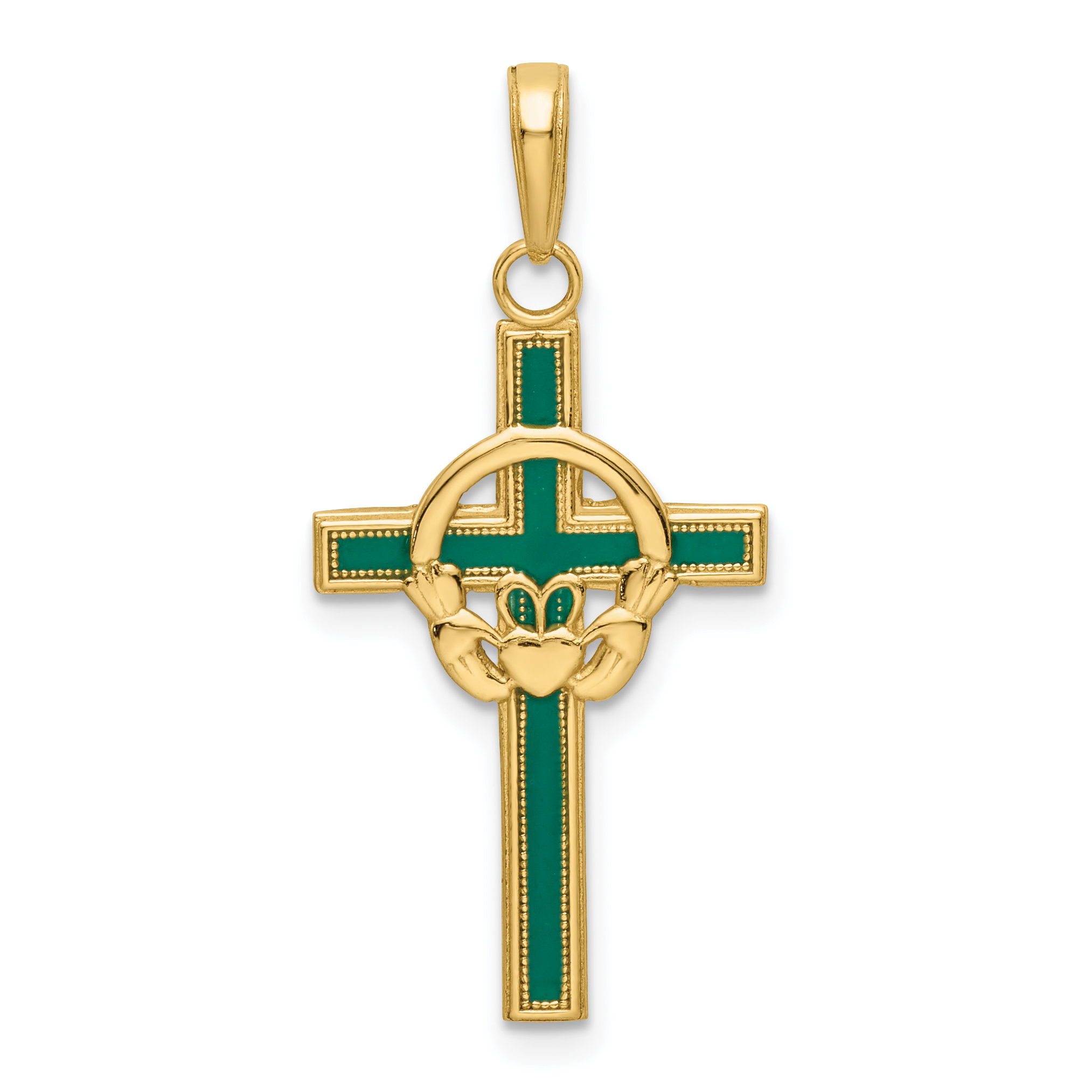 14k Green Enameled Claddagh Cross Pendant (M1338EG)