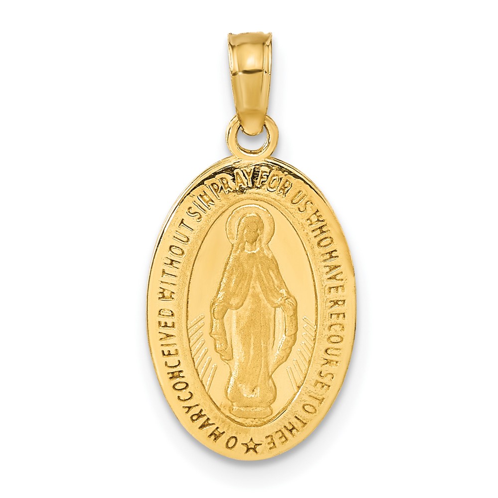14K Yellow Gold Polished and Satin Solid Miraculous Medal Oval Pendant