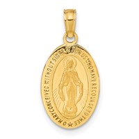 14K Yellow Gold Polished and Satin Solid Miraculous Medal Oval Pendant view 1