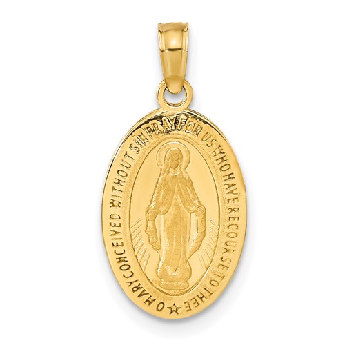 14K Yellow Gold Polished and Satin Solid Miraculous Medal Oval Pendant