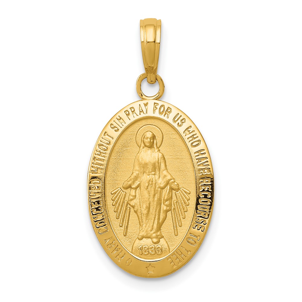 14K Yellow Gold Polished and Satin Solid Miraculous Medal Oval Pendant
