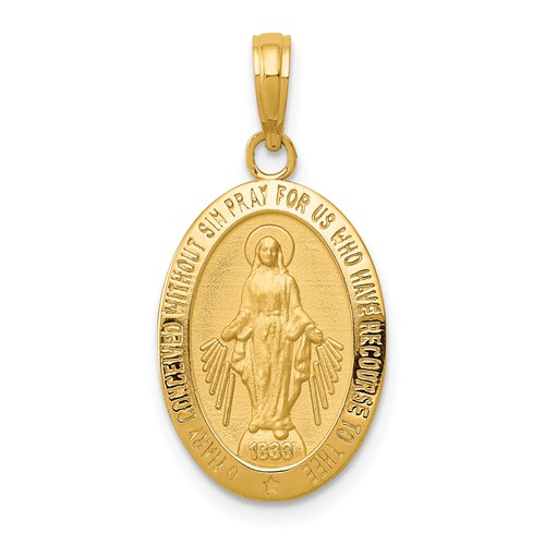 14K Yellow Gold Polished and Satin Solid Miraculous Medal Oval Pendant