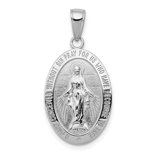 14K White Gold Polished and Satin Solid Miraculous Medal Oval Pendant