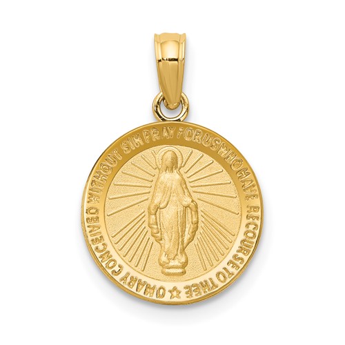 14K Yellow Gold Polished and Satin Solid Miraculous Medal Round Pendant