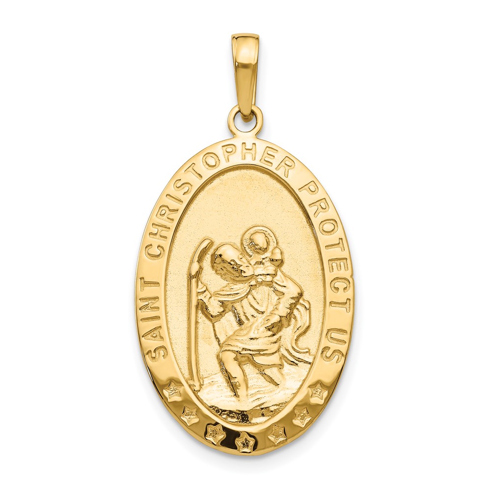 14K Yellow Gold Polished Solid Saint Christopher Medal Oval Pendant